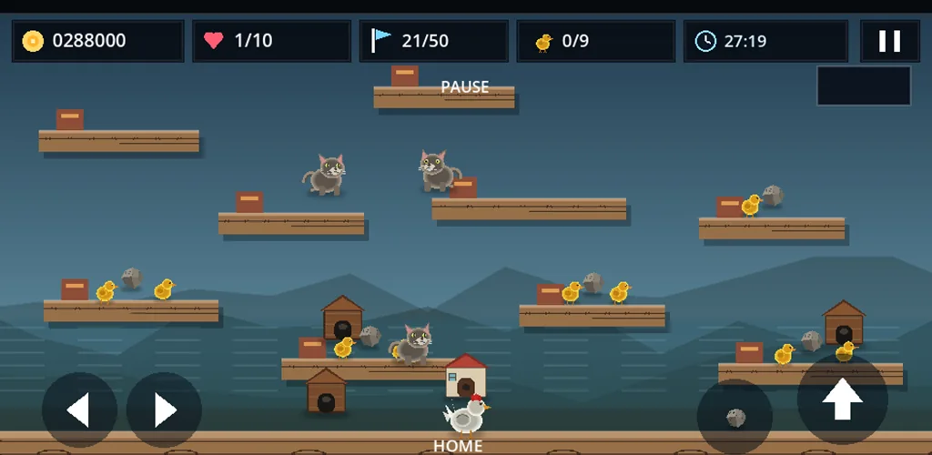 Clucky Run gameplay showing platform levels, chicks, cats, coins, and controls